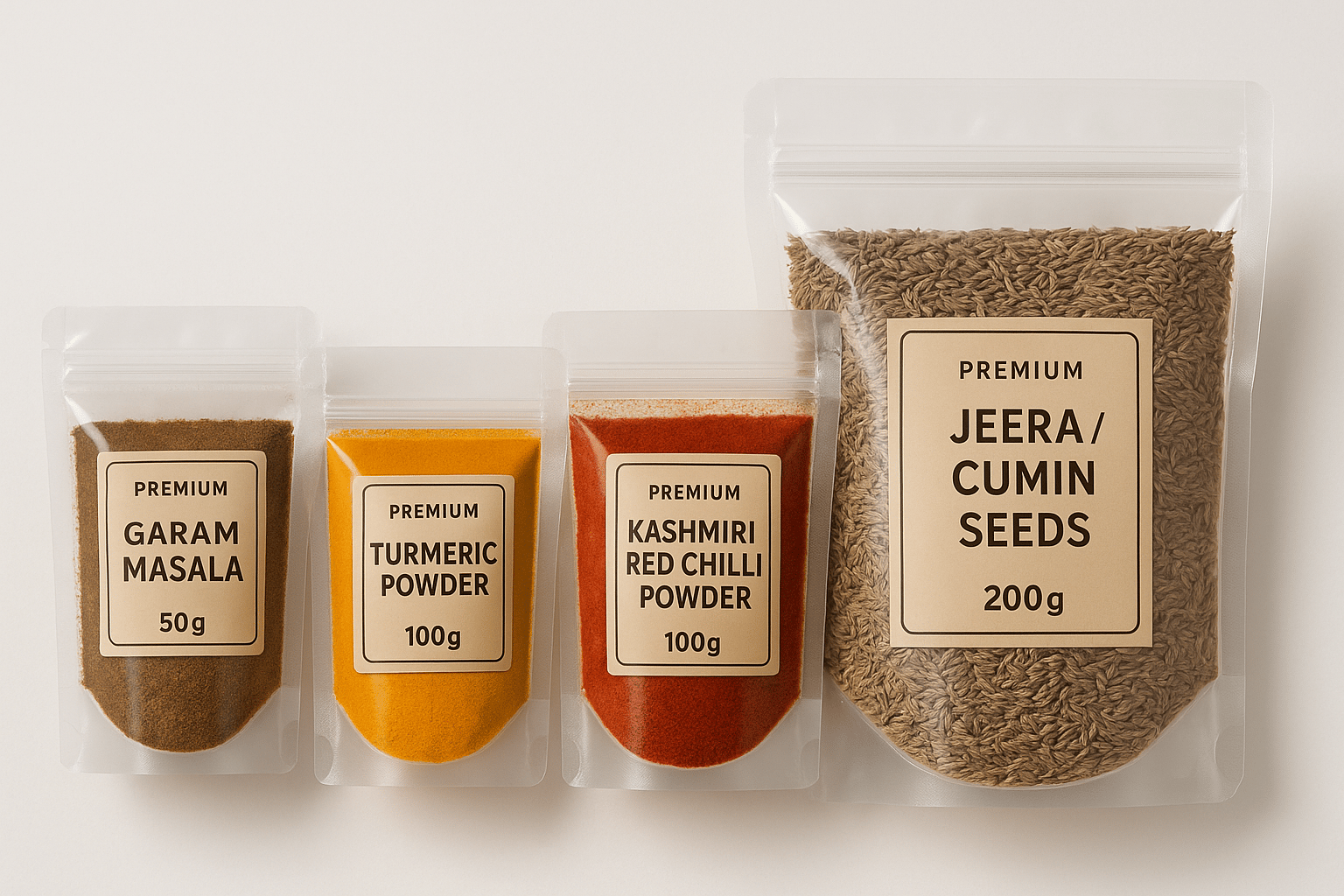 Phoran 450 gm Combo pack - Garam Masala 50 gm l Turmeric 100gm lKashmiri chillie 100 gm l Whole Cumin Jeera 200 gm lBuy Indian Spice Starter Kit Online - 4 Must-Have Spices | Phoran